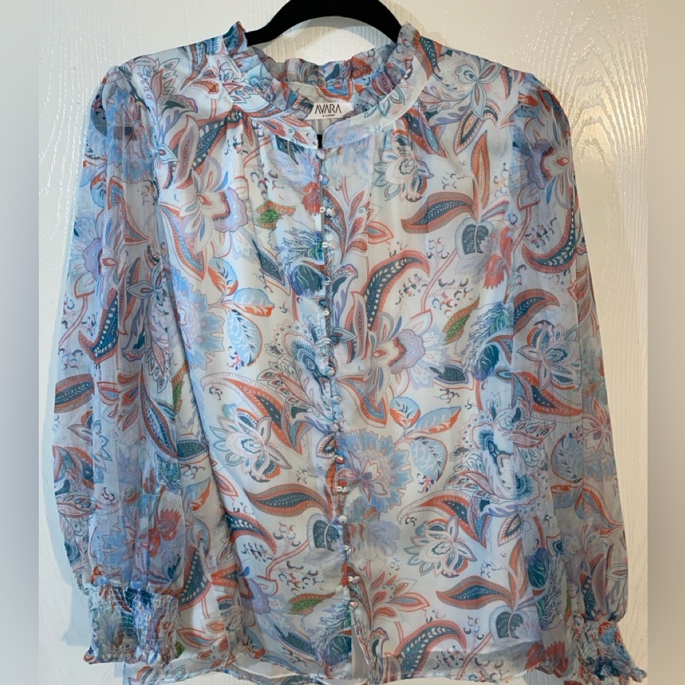 AVARA Boutique Sheer Floral Blouse - XL White, Blue, and Coral